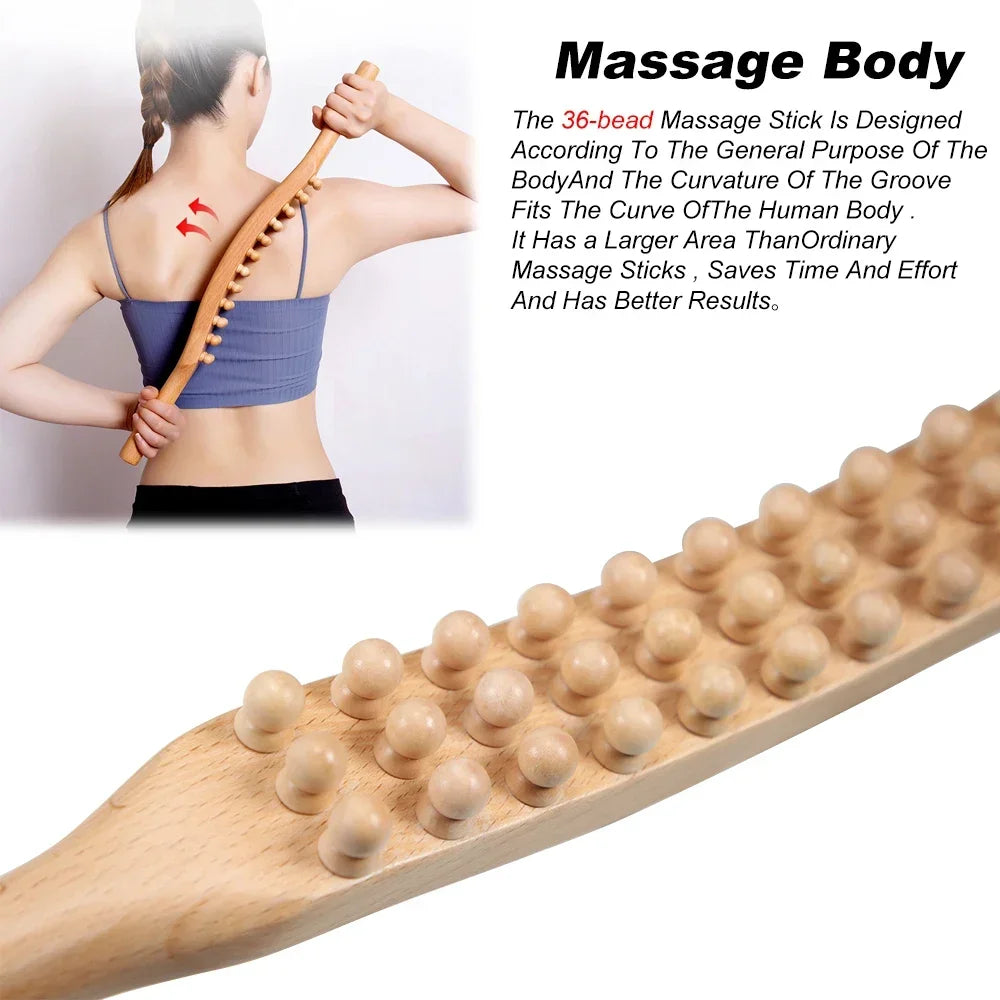 Guasha Wood Stick Tool Wooden Therapy Scraping Lymphatic Drainage Massager,Double Row 36 Beads Point Treatment Tool for Back Leg