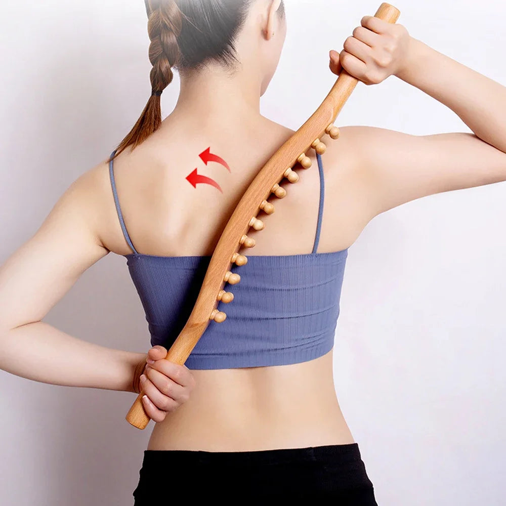 Guasha Wood Stick Tool Wooden Therapy Scraping Lymphatic Drainage Massager,Double Row 36 Beads Point Treatment Tool for Back Leg