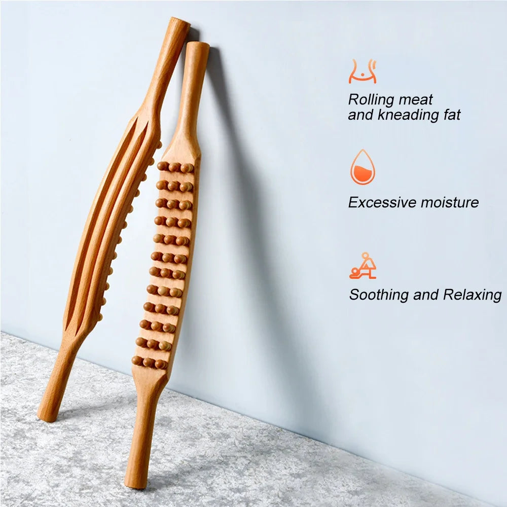 Guasha Wood Stick Tool Wooden Therapy Scraping Lymphatic Drainage Massager,Double Row 36 Beads Point Treatment Tool for Back Leg