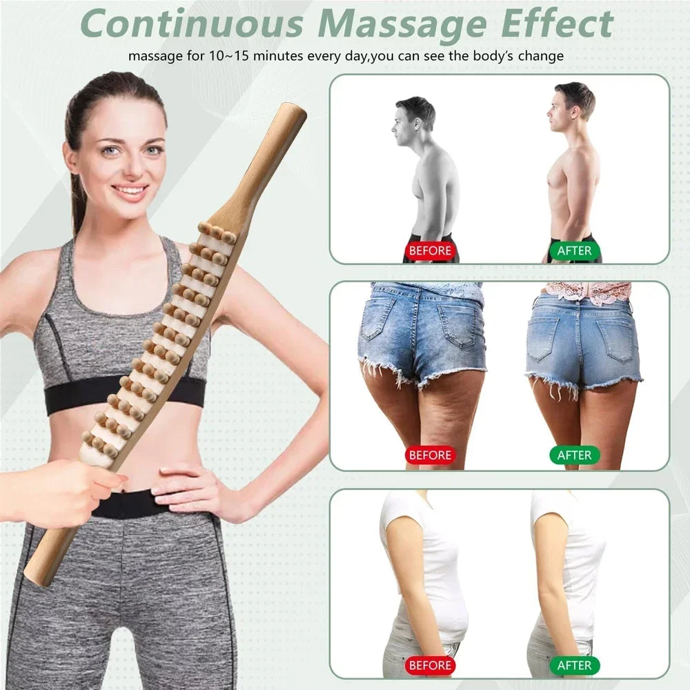 Guasha Wood Stick Tool Wooden Therapy Scraping Lymphatic Drainage Massager,Double Row 36 Beads Point Treatment Tool for Back Leg