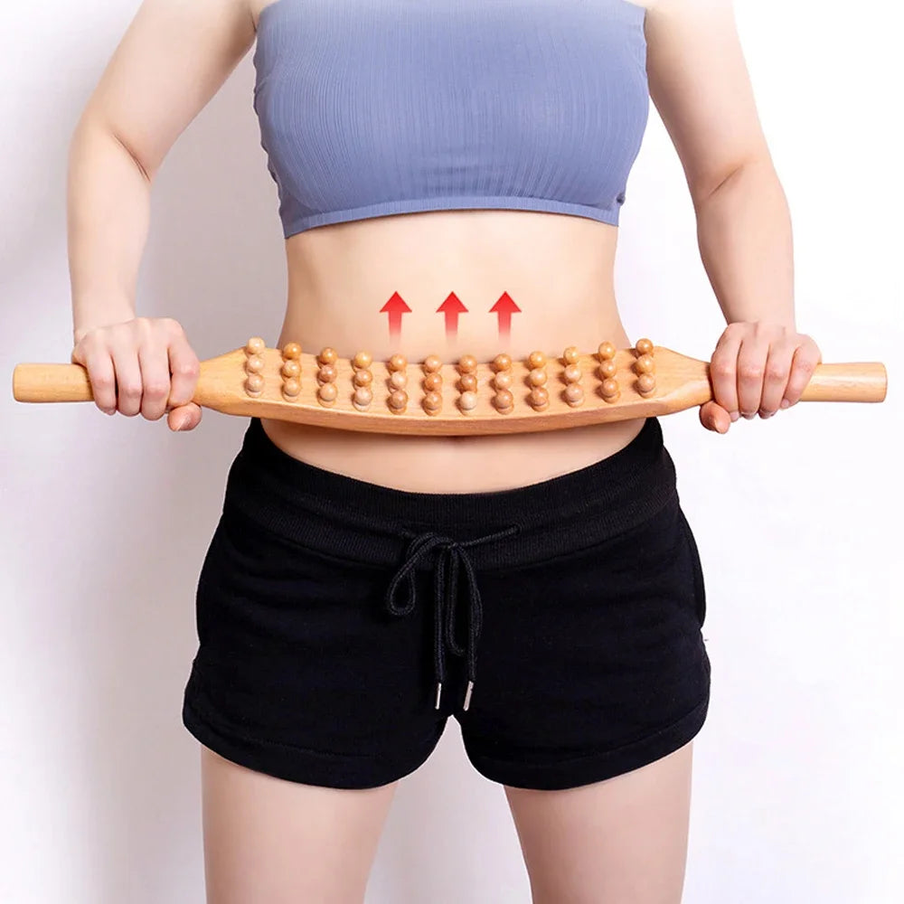Guasha Wood Stick Tool Wooden Therapy Scraping Lymphatic Drainage Massager,Double Row 36 Beads Point Treatment Tool for Back Leg